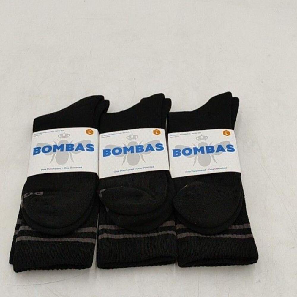 Bombas Socks Mens Large Black Striped Athletic Cushioned Mid Calf New Lot of 3